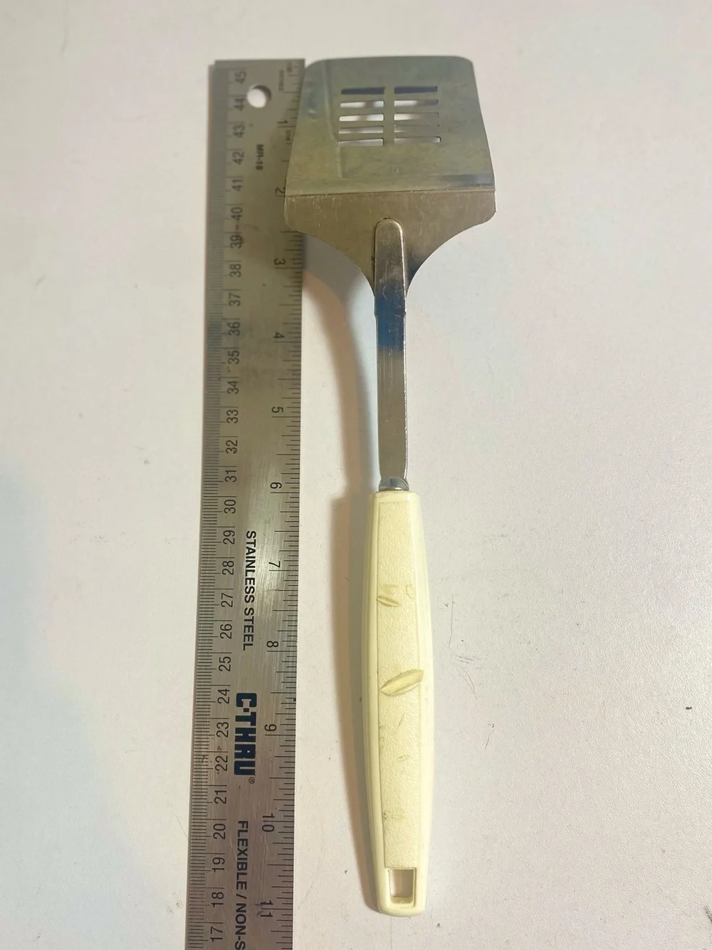 VTG EKCO Chrome Plated Slotted Turner Spatula Stainless Steel White Handle USA